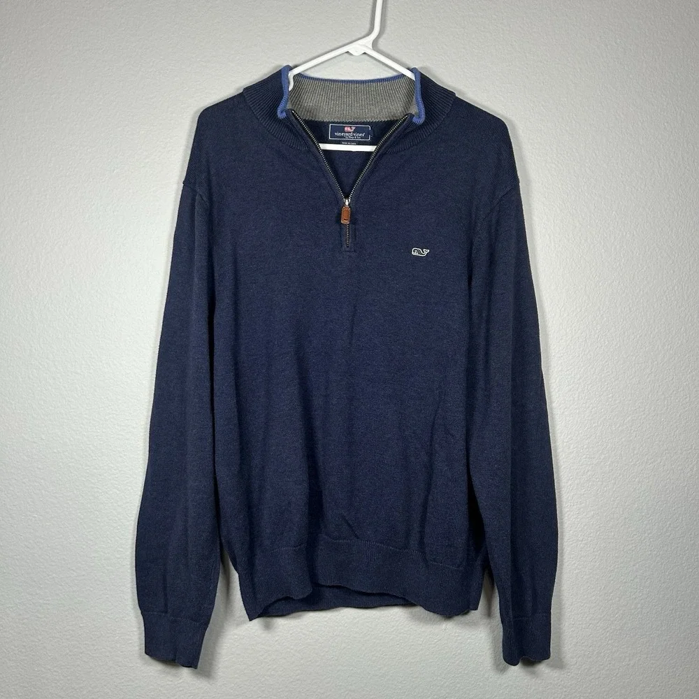 Vineyard Vines Sweater Mens Navy Quarter Zip Mock Neck Pullover Cotton SZ M